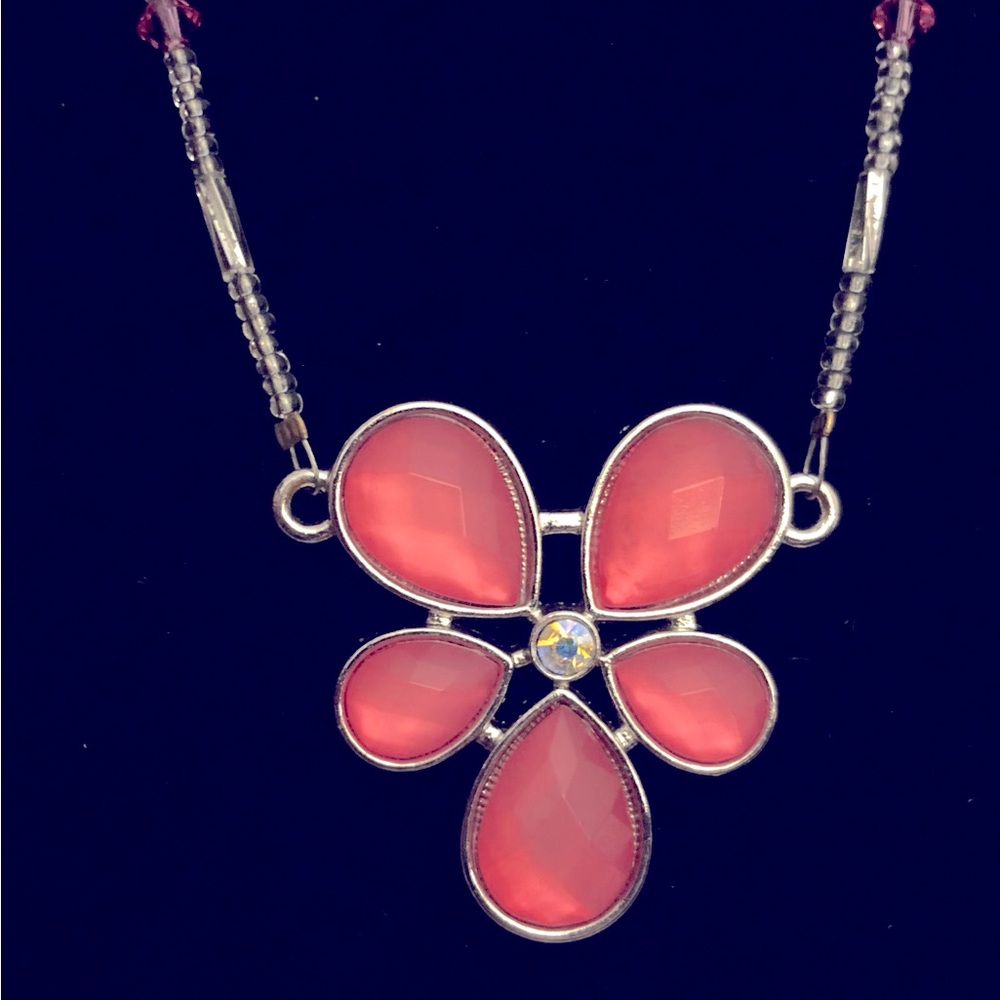 Pink Flower Pendant/Beaded Necklace/Silver-toned- Vintage-look